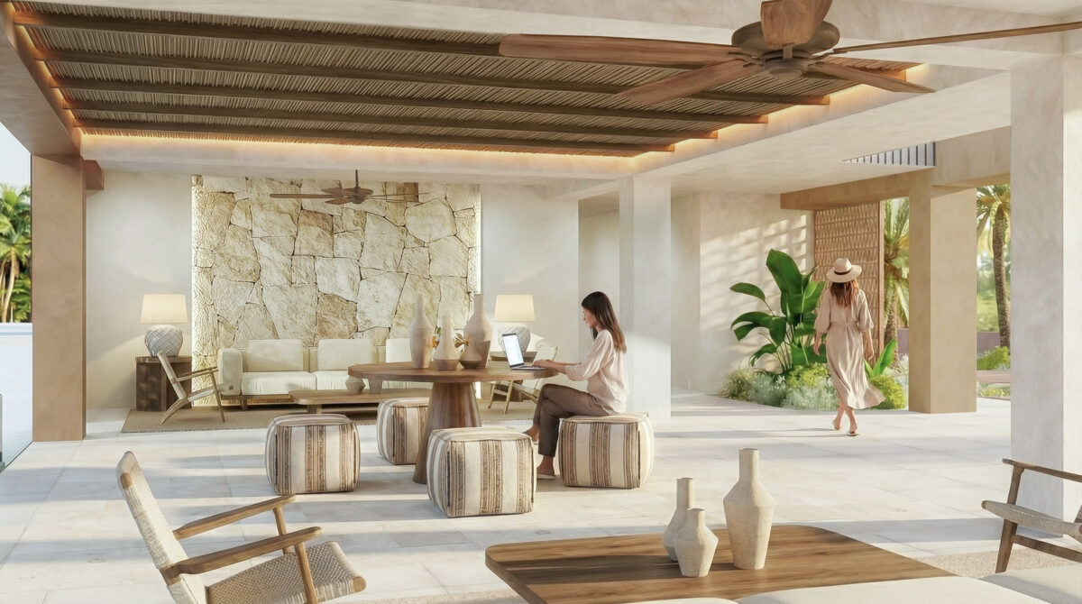 Render del hall de The Don Dom con diseño interior en tonos claros, madera, piedra natural, vegetación tropical y mobiliario de estilo caribeño contemporáneo.