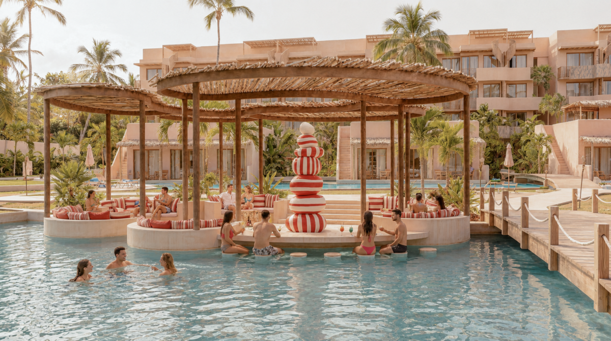 Espacio de isla privada y amenities de The Don Dom en República Dominicana, con áreas de agua, sectores de relax y una propuesta orientada a la experiencia del consumidor